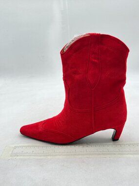 Red Women Square Toe Comfort Kitten Low Heel Ankle Boot Pull On Winter Bootie